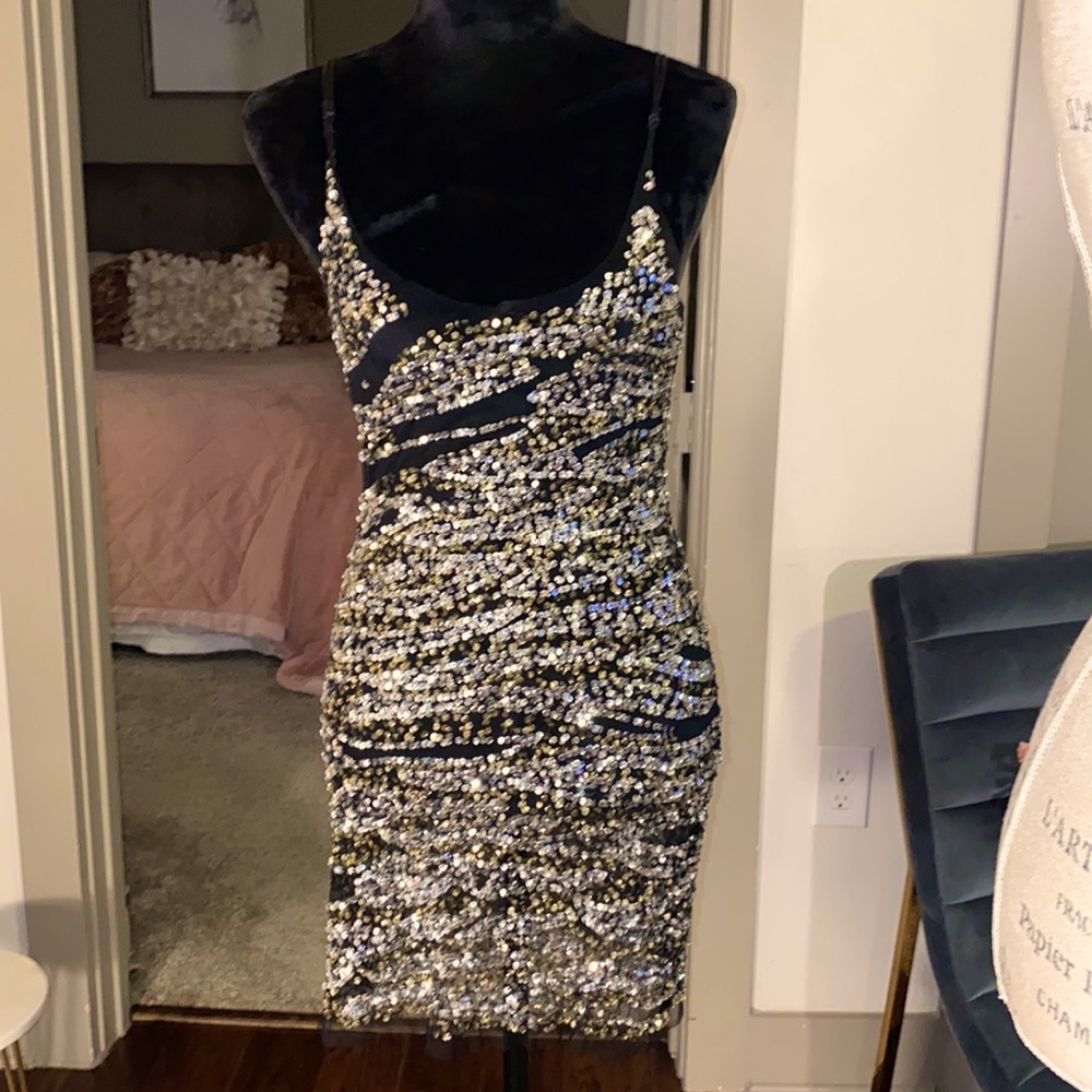 Arden B gold silver sequin black mesh lined sexy fitted dress adjustable straps‌